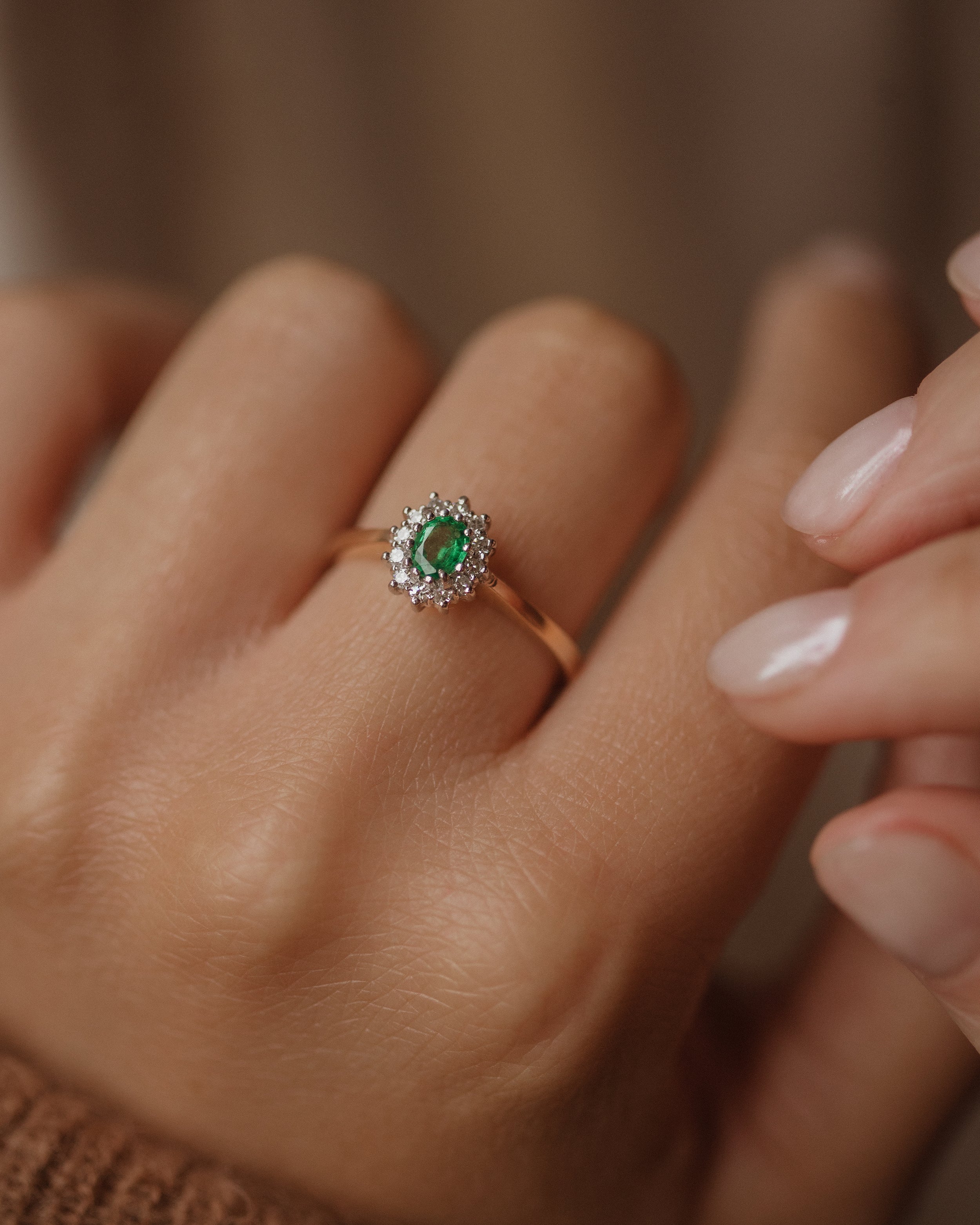 Image of Nancy Vintage 9ct Gold Emerald & Diamond Cluster Ring