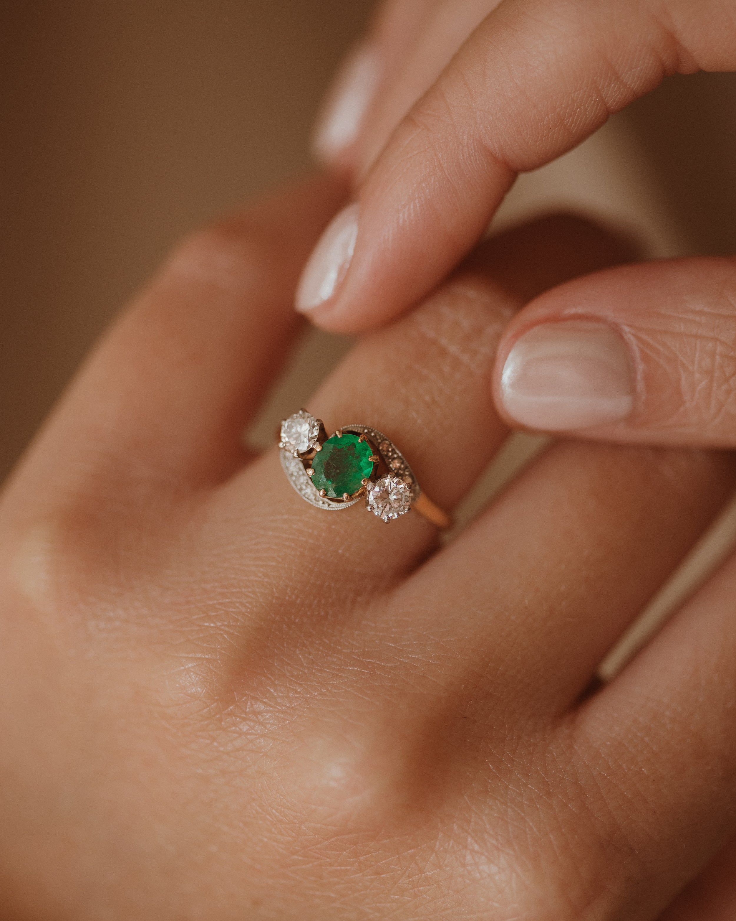 Image of Darcy Vintage 18ct Gold Emerald & Diamond Trilogy Ring
