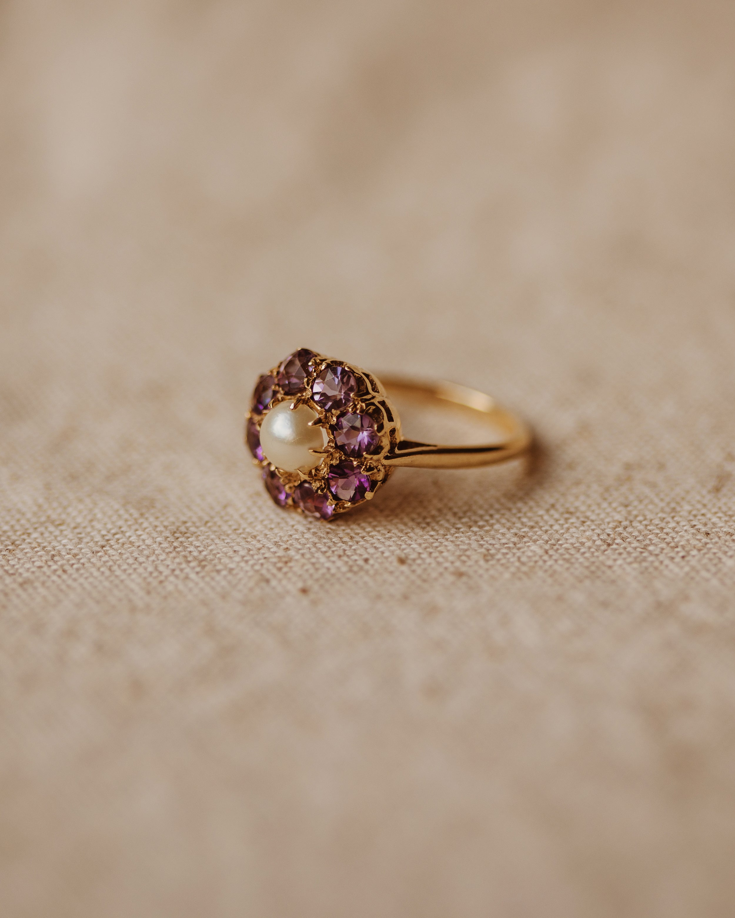 Image of Lissie Vintage 9ct Gold Amethyst & Pearl Cluster Ring